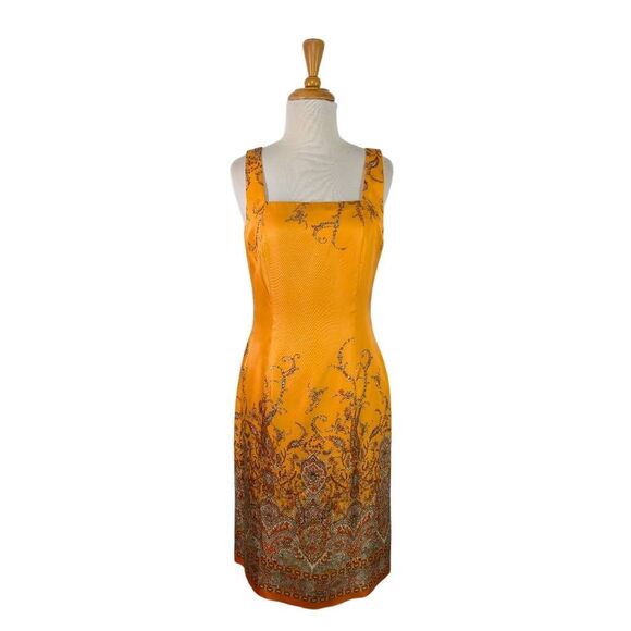 Ann Taylor 6 S Orange Dress Border Print Silk Sheath VTG Evening Cottagecore - Picture 1 of 8